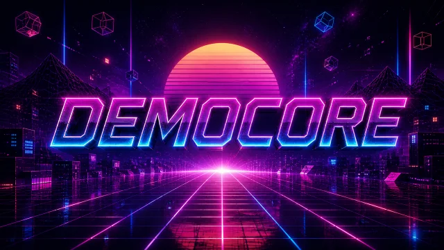 90s demoscene inspired neon grid environment with retro digital visuals and cinematic motion effects