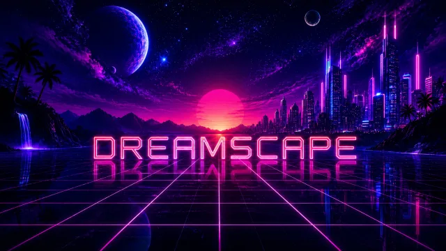 Neon synthwave dreamscape with retro futuristic grid, glowing horizon and arcade-inspired atmosphere