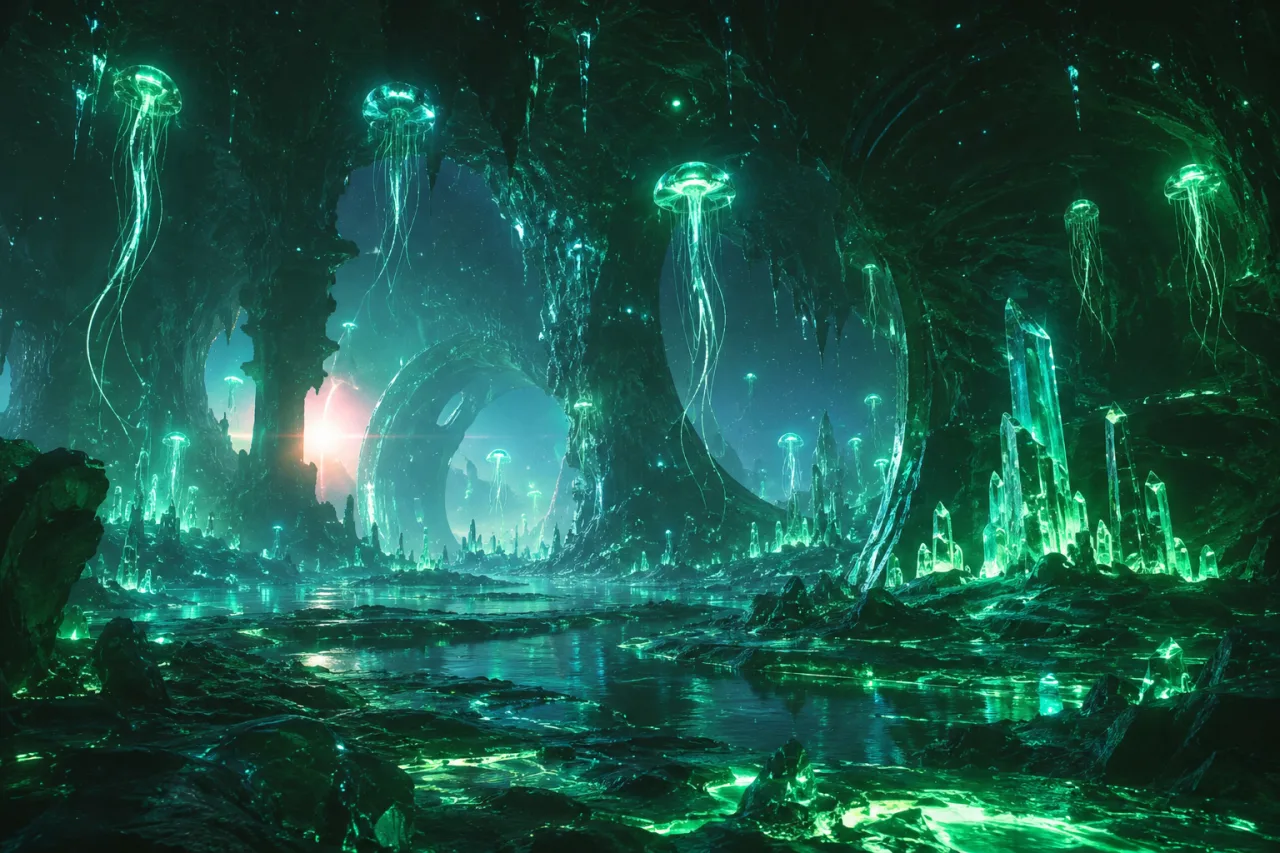 Cavern of Dreams. Where the dark awakens in waves of emerald light.