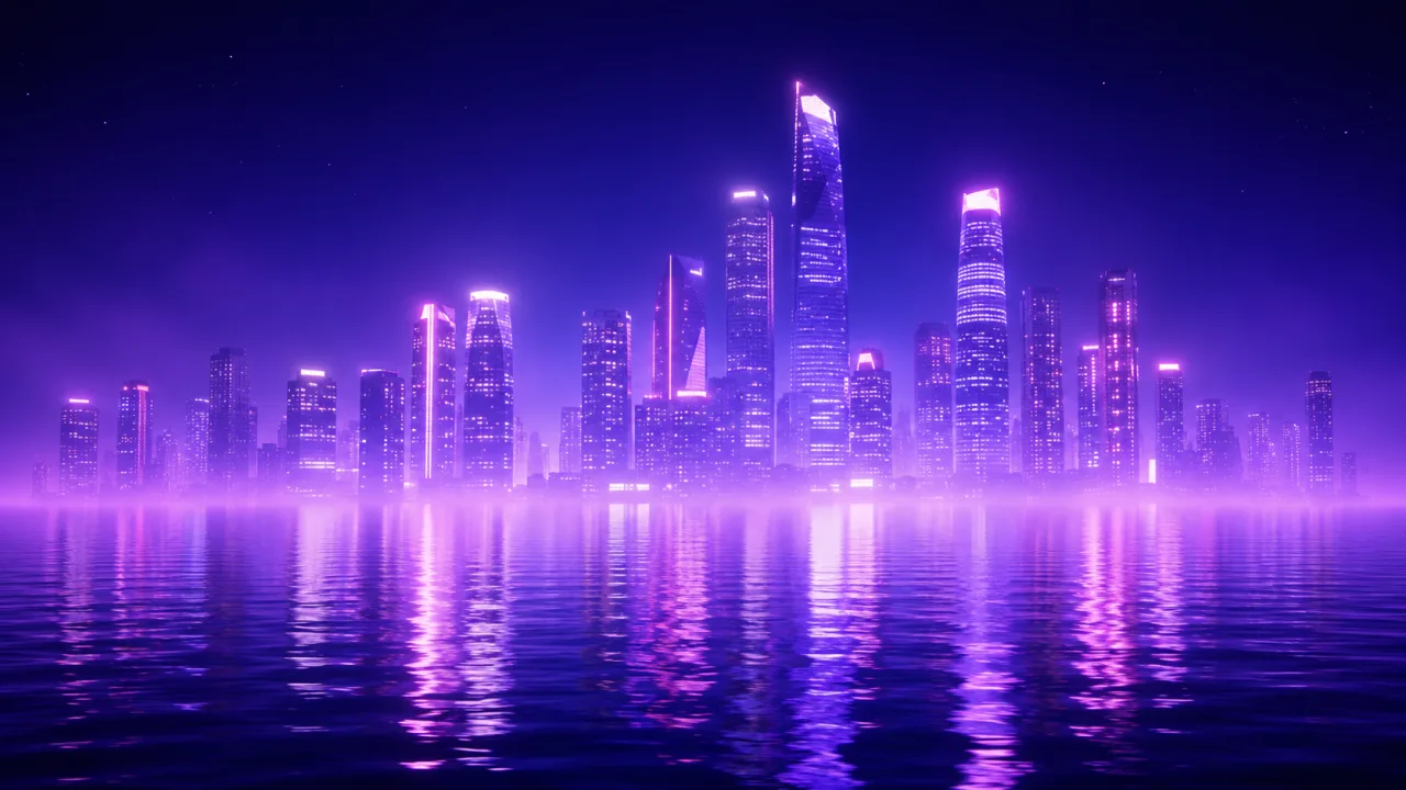 Luminous Shore. Where neon towers meet the endless night.
