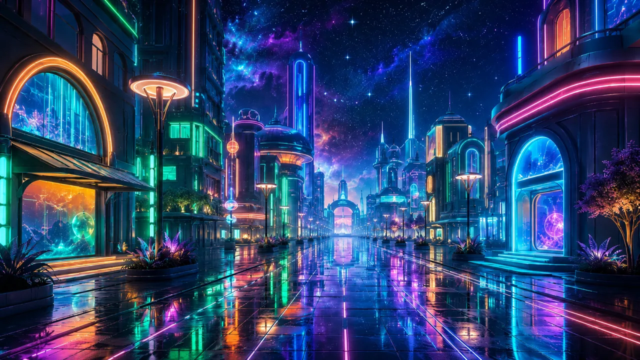 Neon Boulevard. A luminous walk through Arcynia’s endless evening.