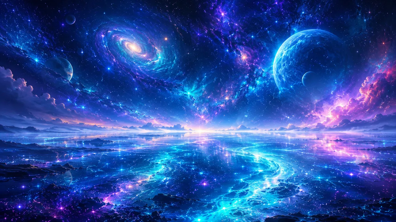 The Cosmic Sea. A glowing ocean drifting beneath the heart of the cosmos.