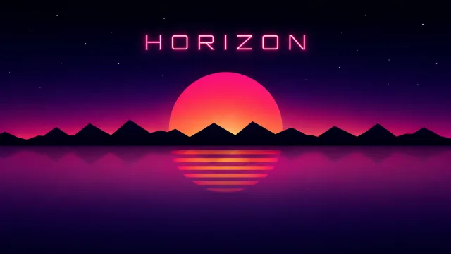 Synthwave horizon with neon sun, mountain silhouettes and a slowly rotating quote