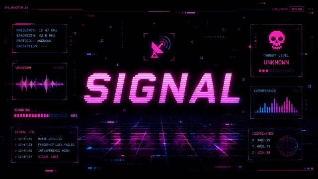 Broadcast-style cyberpunk feed of dispatches with neon scanlines and signal interference