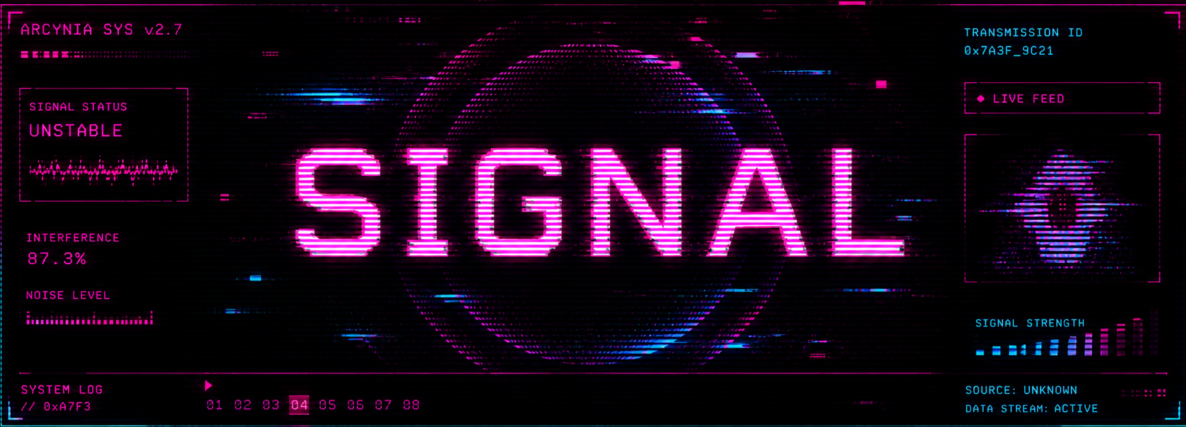 Glitchy cyberpunk signal interface with neon data, interference effects and digital noise