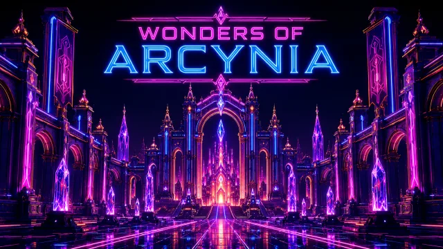 Neon-lit architectural wonders of Arcynia: halls, gates and arcades rendered in synthwave aesthetic