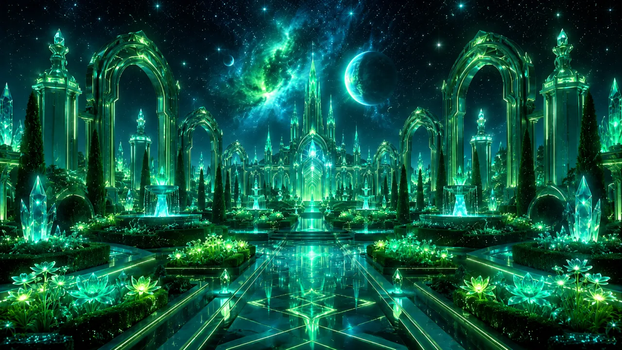 Garden of Arcynia. A luminous paradise where nature meets the cosmos.